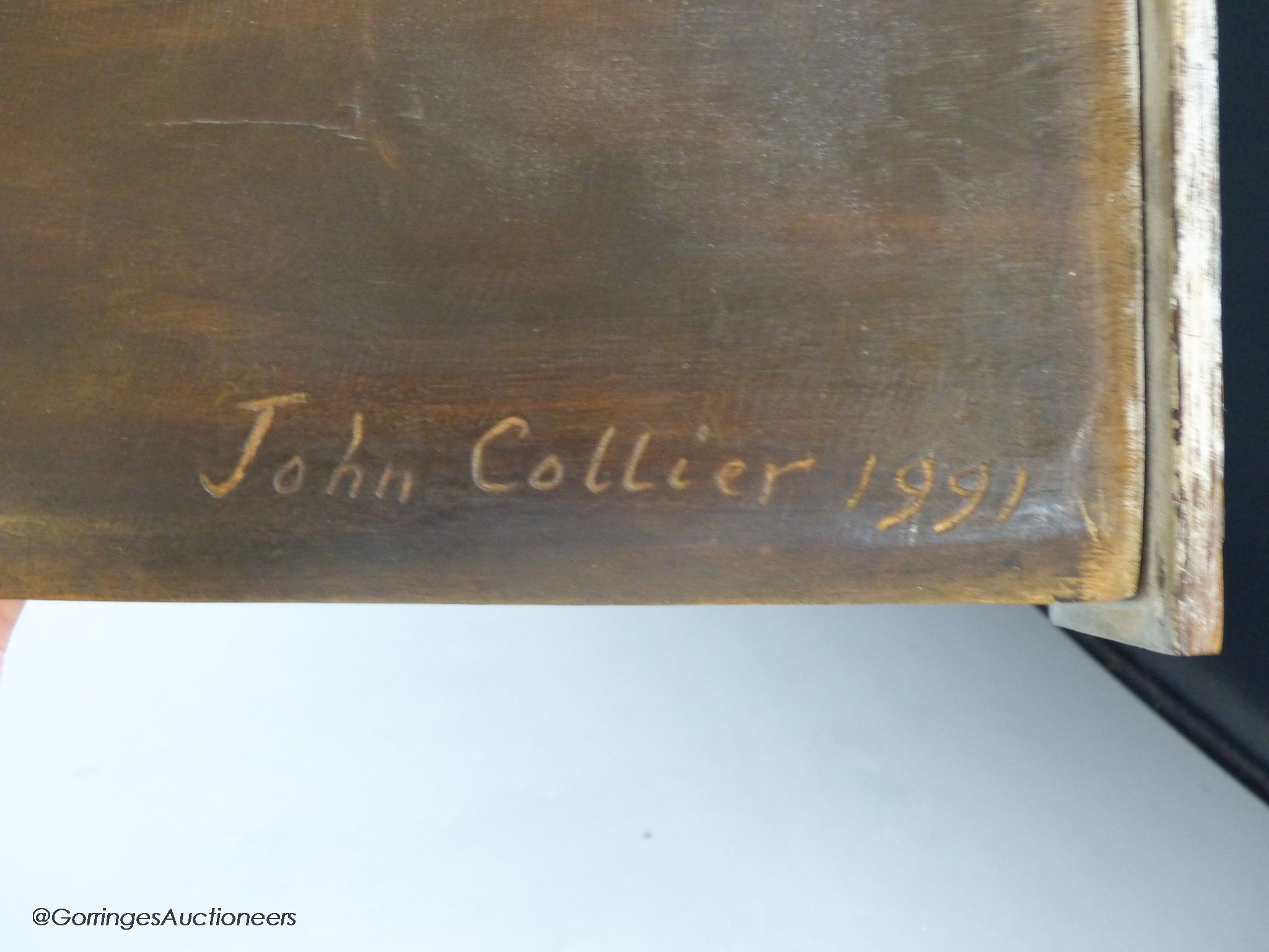 A late 20th century carving of the Madonna and Child, signed and dated to reverse John Collier 1991, length 51cm